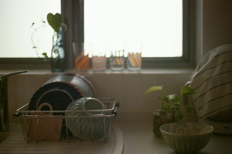 Pratos e copos em cima de uma bandeja na pia da cozinha, perto de uma planta e da janela.