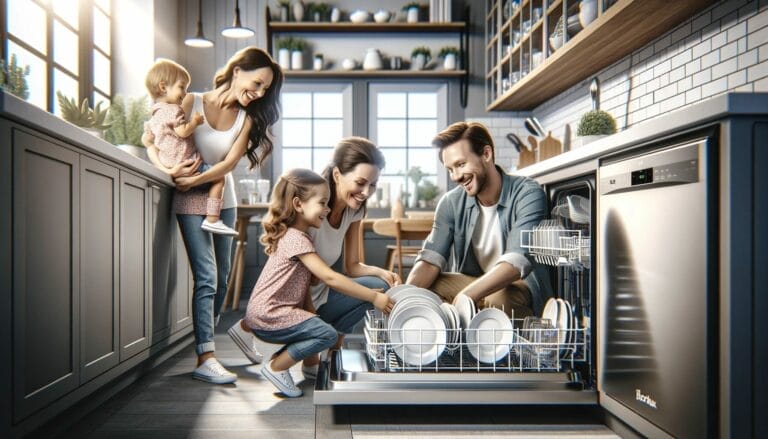 família feliz dentro de uma cozinha moderna utilizando uma lava-louças Electrolux.