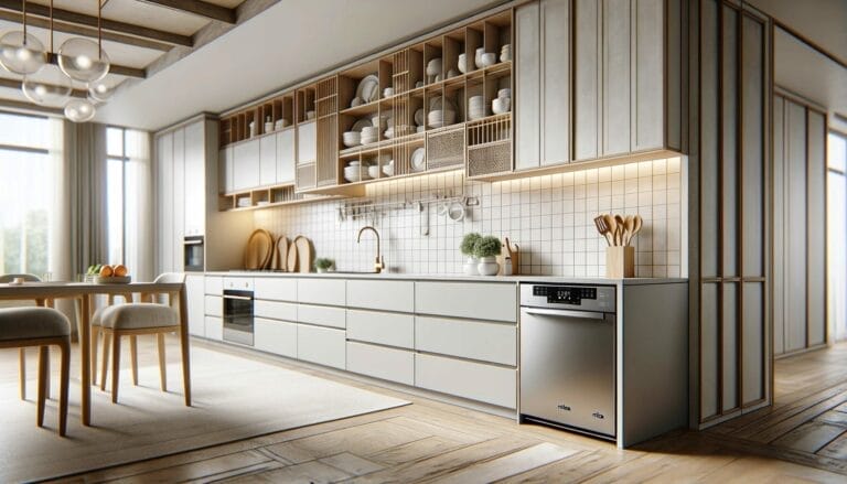 A cozinha apresenta um design contemporâneo, com linhas limpas e uma abordagem minimalista, onde a lava-louças Midea se integra perfeitamente ao ambiente.