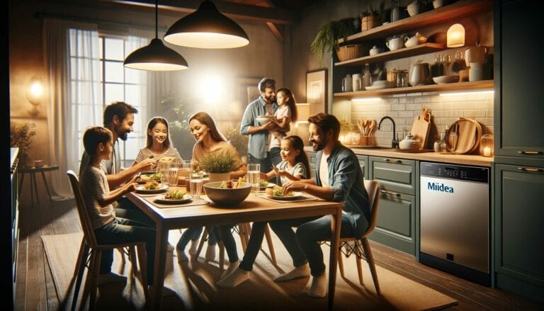 Cena aconchegante de um jantar em família em uma cozinha moderna, com uma lava-louças Midea ao fundo.