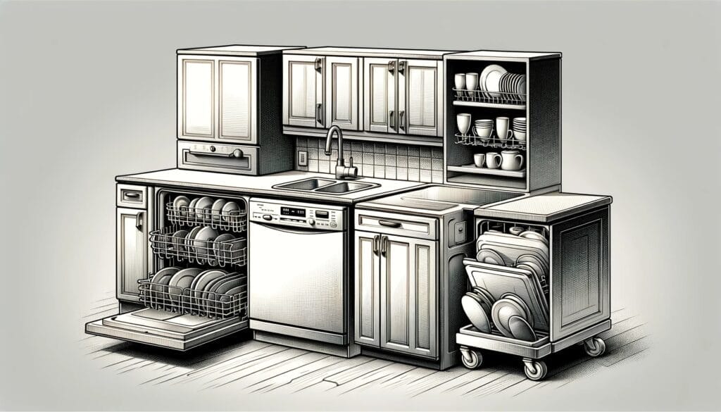 foto ilustrativa mostrando todos os tipos de lava-louças disponíveis, dentro de uma cozinha